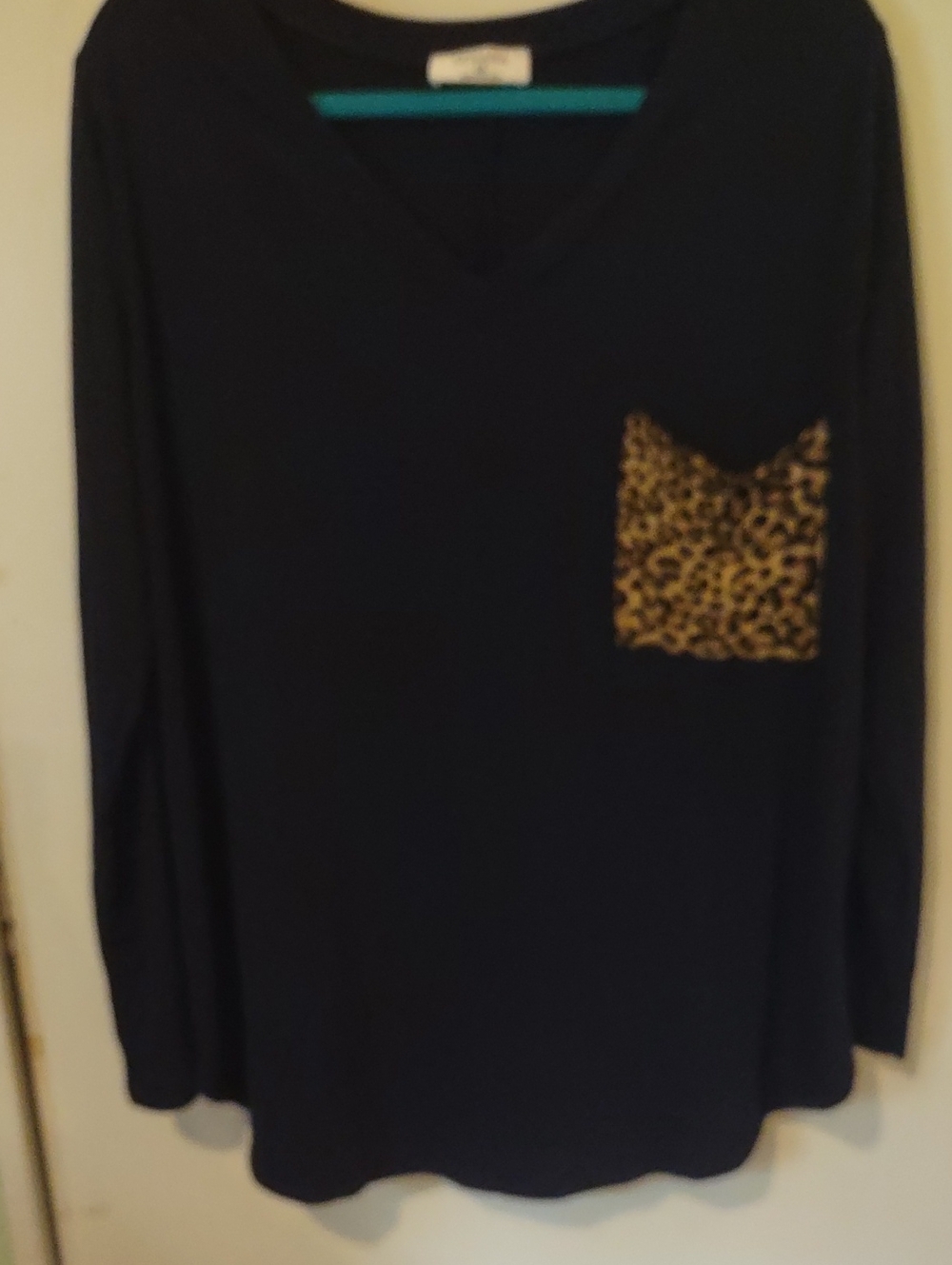 Zenana Outfitters Navy Blue V-Neck Shirt with Leopard Pocket Accent